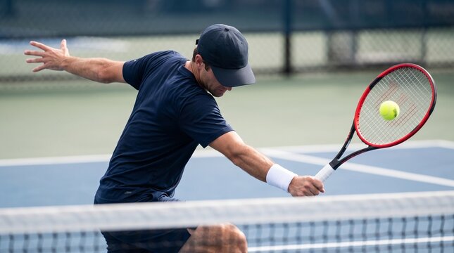 a man hitting a tennis ball with a 1 backhand with a tennis racket