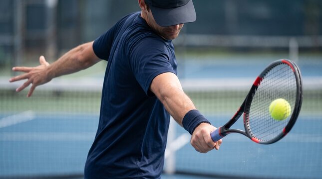 a man hitting a tennis ball with a 1 backhand with a tennis racket