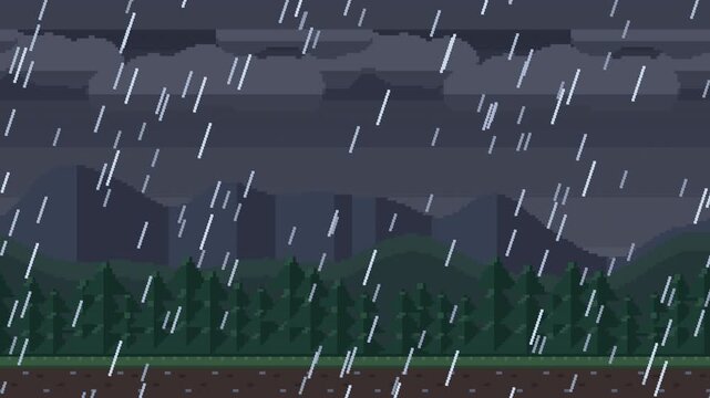 Pixel art side scrolling rainy forest with lightning seamless loop