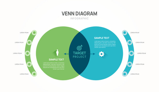 Infographic circle chart arrow Venn diagram business template 2 part, presentation.
