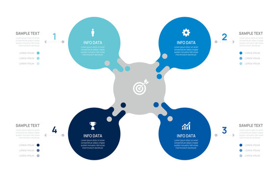 Business puzzle infographic template with 4 connected circular steps, central target, icons and presentation elements vector illustration.