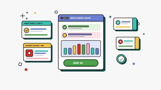 Autonomous multi agent AI launchpad and Kubernetes cloud deployment pipeline dashboard in 2D flat vector animation loop