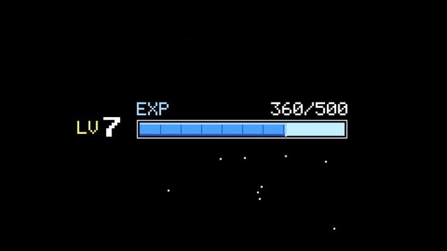 Pixel art EXP bar filling up with LEVEL UP on transparent background