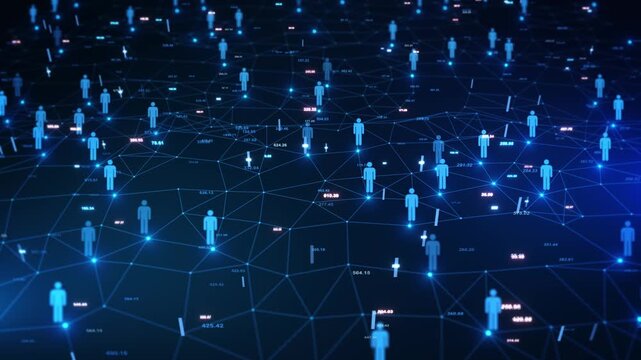 Blue people icons stand on glowing nodes linked geometric mesh, scattered numbers across digital grid. network animation social connections, communities, collaboration population data presentations.