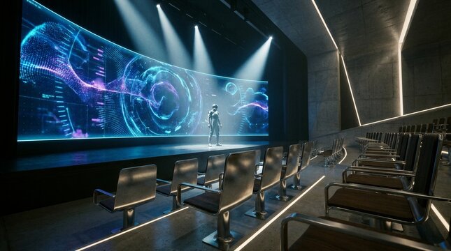 A futuristic presentation stage with a holographic display in a modern auditorium.