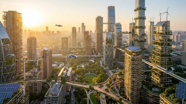 Futuristic eco-friendly city skyline with green skyscrapers and flying vehicles at sunset.