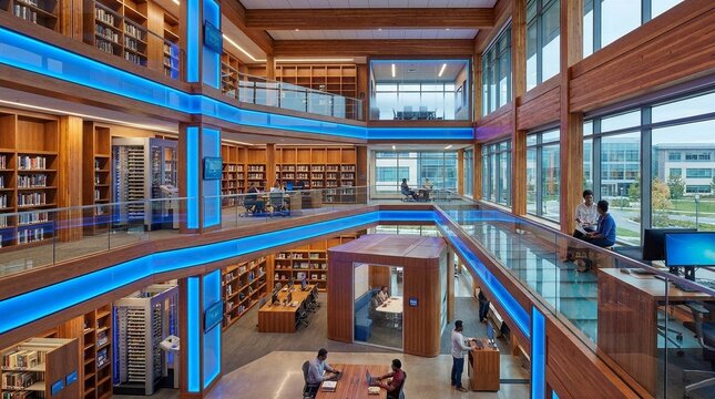 Modern multi-level university library interior with wooden shelves and blue LED lighting.