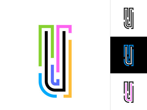 Letter U, maze alphabet labyrinth font, multi colored letter U made lines, vector illustration 10EPS