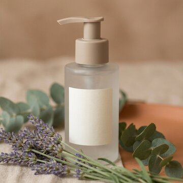 Natural liquid soap pump bottle on wooden background with herbal leaves and lavender