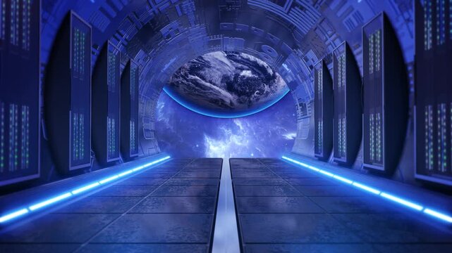 Space station interior frames a view Earth clouds bright blue rim. Rows of technical cabinets, ceiling glowing floor edges give scene depth for imagined orbital facilities, virtual adventure videos.