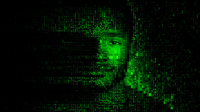 Digital Face dissolving into Machine Code, symbolising Digital Twin Concept.