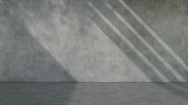Blank Polished Concrete Wall and Tiled Floor in Diagonal Sunlight Outdoor Area Setting with Dappled Shadow. Product Presentation Concept with copy-space.