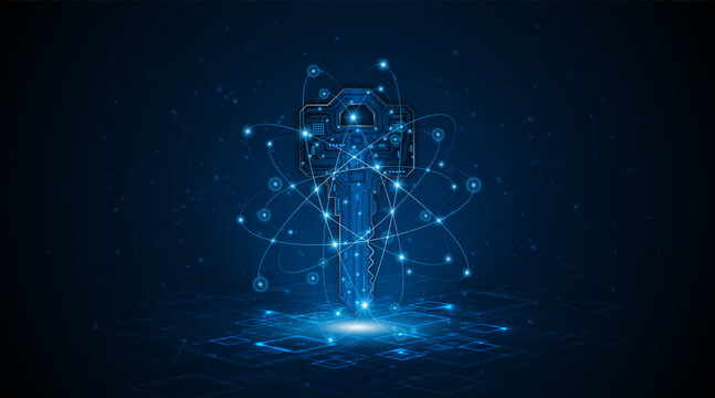 Digital key on a futuristic circuit board background. Symbolizes cybersecurity, data encryption, and advanced network protection systems.