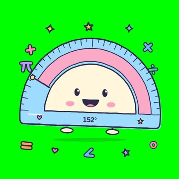 Cute Smiling Protractor Mascot for Math Education, Cartoon Doodle Animation, Pastel Blue, Green Screen
