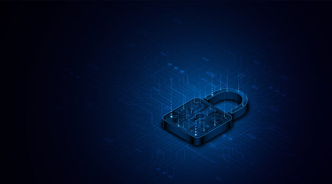 Digital cyber security concept with glowing blue padlock on circuit board background. Global network data protection and privacy technology
