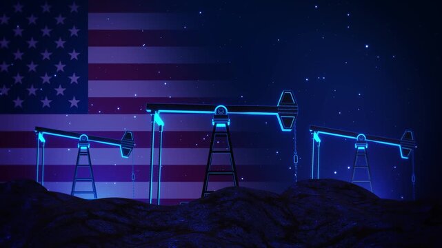 Pumpjack appear United States flag and deep blue scenery. energy graphic connects domestic petroleum extraction themes of supply, industrial capacity, national resources economic independence. 3D 4K