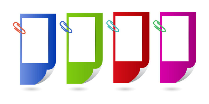 Set of colorful paper sticker labels with metallic paperclips transparent background
