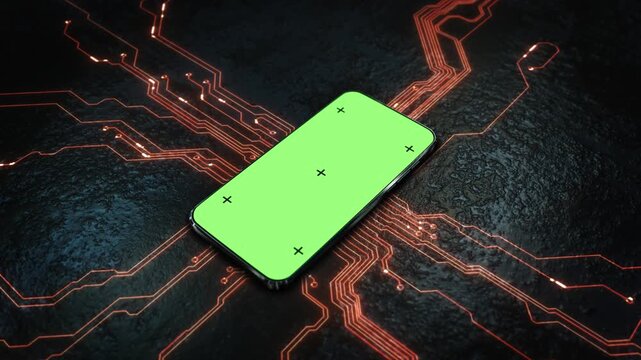 Vivid green phone display tracking marks slim dark frame, luminous orange traces. angled device scene offers a modern setting for interface previews, software launches, digital campaigns product demos
