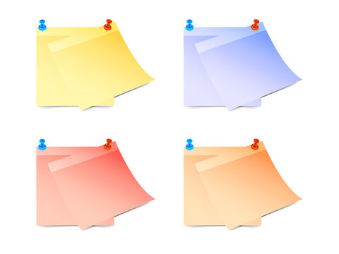 Set of colorful square sticky notes attached with push pins transparent background