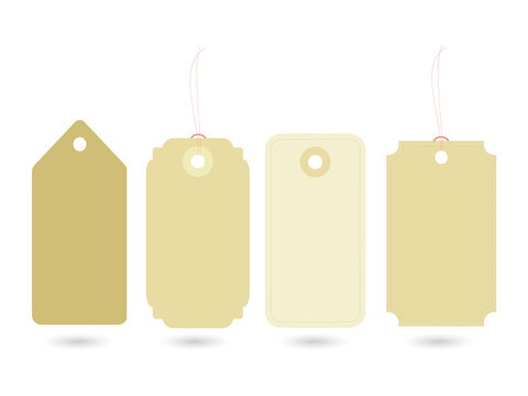 Set of empty beige retail sale tags with string transparent background