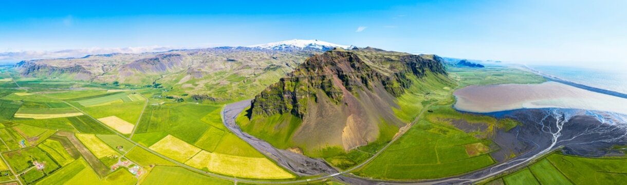 Aerial view of farms and volcano,  South Iceland