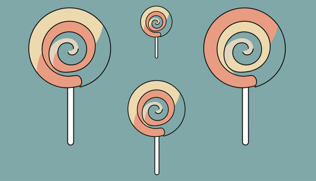 Assortment of sweet spiral lollipop candies on sticks in pastel orange, cream, and turquoise shades against muted teal.