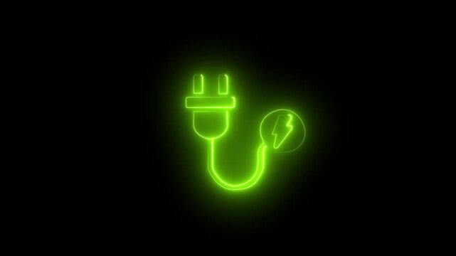 Glowing green neon electric plug icon animation loop, power energy charging concept linear symbol video background, futuristic digital technology line art