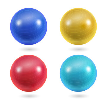 Set of four colorful plastic exercise balls for yoga and fitness transparent background