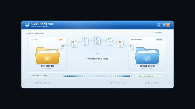 Modern user interface design showing file transfer and backup process between folders on a computer screen.