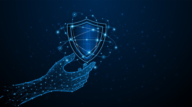 Abstract hand holding shield symbol of data protection and cyber privacy. Network security system. Advanced security technology innovation concept background