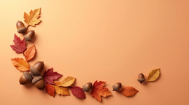 Autumn arrangement of maple leaves and acorns with empty space on an orange background