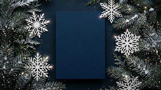 A stunning winter wonderland backdrop with sparkling snowflakes and a dark blue centerpiece