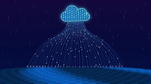 Glowing digital cloud transferring data streams through luminous connection lines down to global infrastructure network