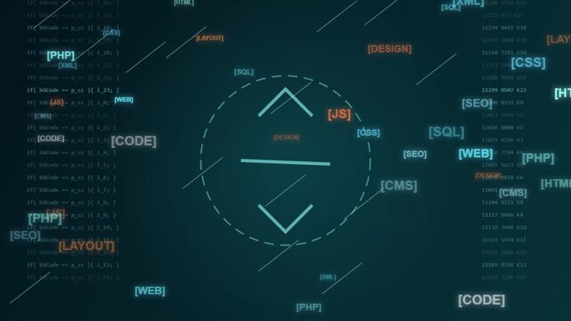 Glowing programming code lines floating across dark digital screen with abstract icons and text interface elements