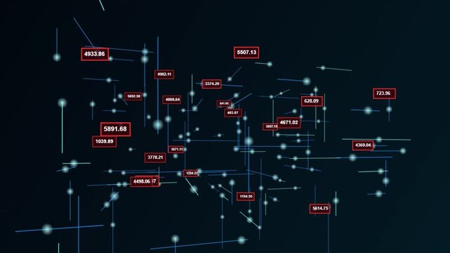 Glowing holographic nodes connected by blue lines floating with numerical data boxes against dark background