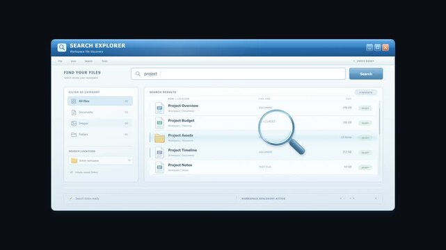 Digital search explorer interface window with folders and files on dark background.