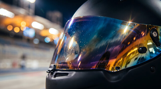 A captivating close-up of a professional racing helmet, showcasing its vibrant iridescent visor reflecting the blurred, colorful lights of a nighttime racetrack. This image emphasizes the dynamic a...