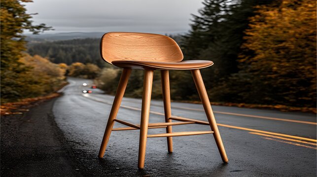 Modern Wooden Bar Stool on a Wet Asphalt Road Surrounded by Misty Autumn Forest Landscape