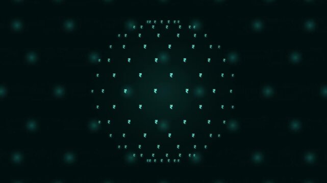Glowing cyan Indian rupee currency symbols floating in dark digital matrix background pattern representing wealth