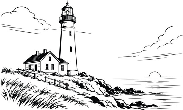 Lighthouse on Rocky Coastline with Ocean Waves and Coastal Grass Line Art Illustration.