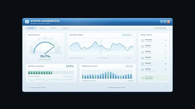Modern computer system diagnostics software dashboard with charts and indicators.