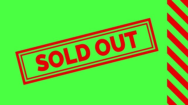 Red sold out stamp sticket motion graphic on green screen background with warning stripes