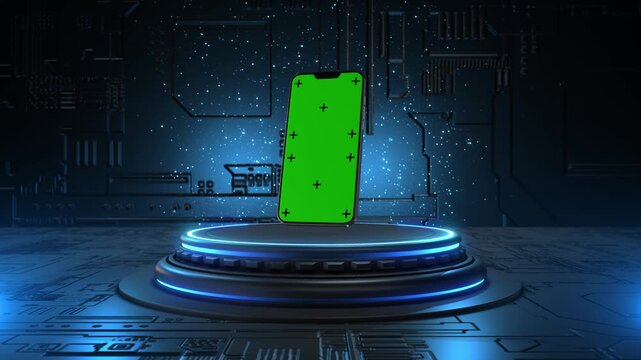 A green screen phone tracking marks stands luminous platform technological setting. product showcase mobile app launches, software previews and digital advertising, space insert custom screen content.