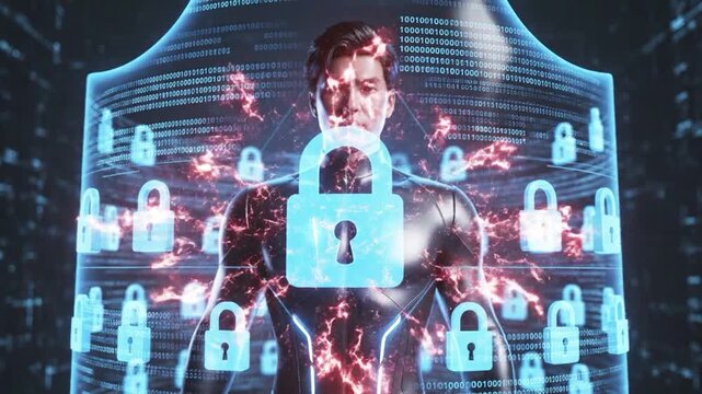 Cyber security concept: futuristic digital shield protecting user data with glowing padlock icons and binary code visualization