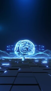 A luminous blue brain fine glowing rings tiled surface, dotted waves across background. stylized brain visualization combines bright folds light for cognition, neuroscience technology concepts. 3D 4K