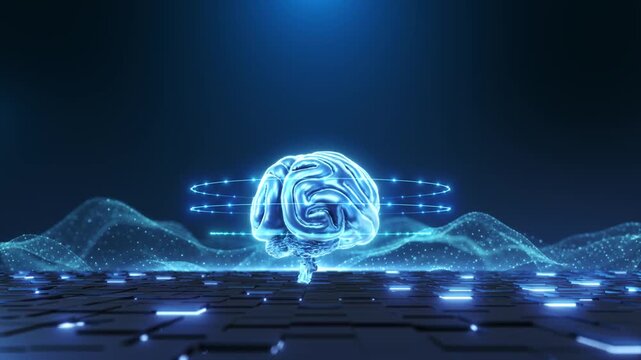 Glowing blue brain amid circular paths digital particle landscape. artificial intelligence machine learning, cognitive computing generative software stories, linking brain form connected technology.