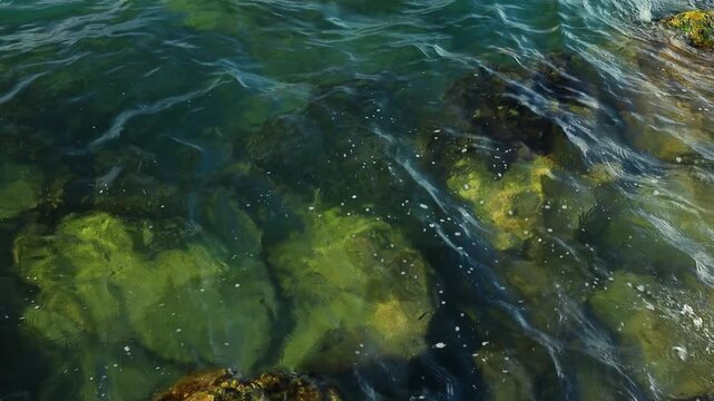 Clear turquoise water gently ripples over submerged rocks and seaweed, showcasing the vibrant underwater ecosystem in a coastal environment