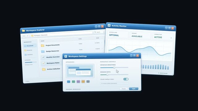 Modern software interface featuring multiple application windows and analytical data dashboards.