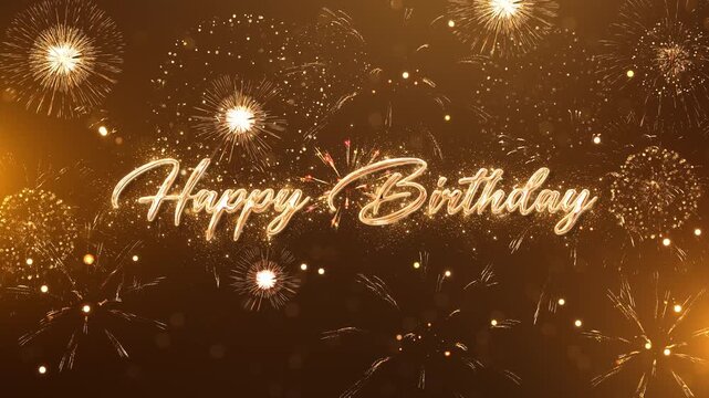 Gold cursive Happy Birthday lettering fills warm amber background fireworks, fine glitter glowing light points. Bold strokes radiant bursts create festive greeting birthday wishes, party videos titles