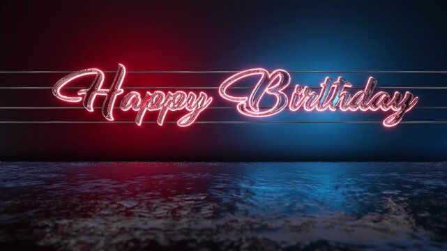 Silver cursive Happy Birthday text stands contrasting blue light, dark surface. modern greeting graphic suits birthday intros, social posts personal montages, combining strong color stylish type.